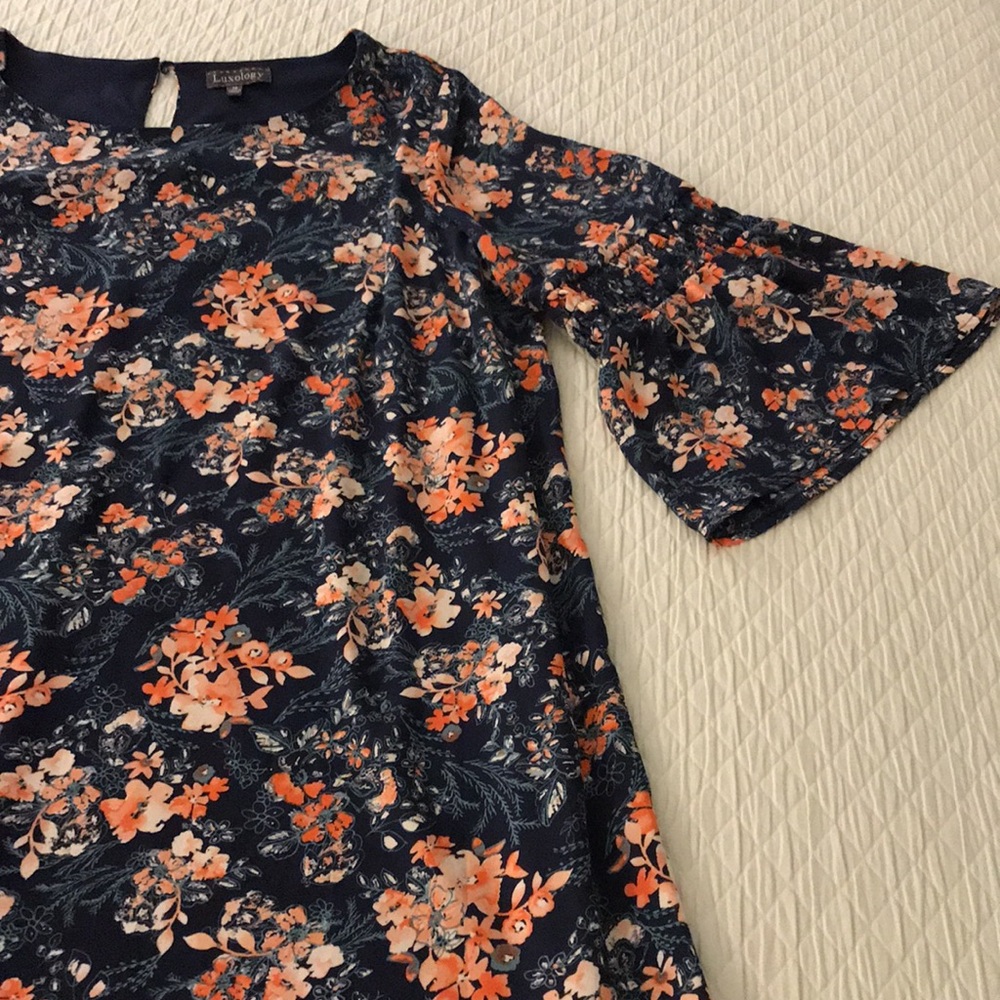 Luxology Spring Navy Blue Dress w/ Coral Pink Flowers Bell Sleeves Plus … - Picture 11 of 16